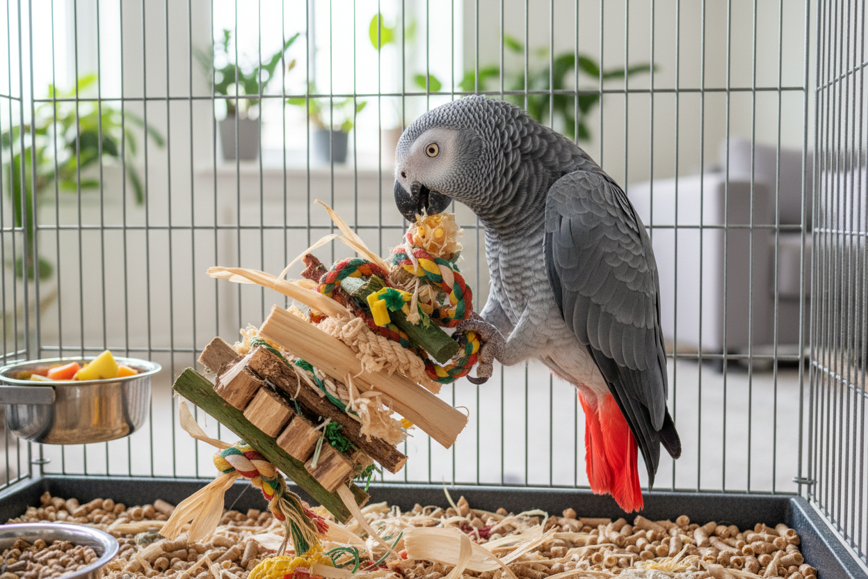 African grey parrot in a cage chewing a foraging toy
