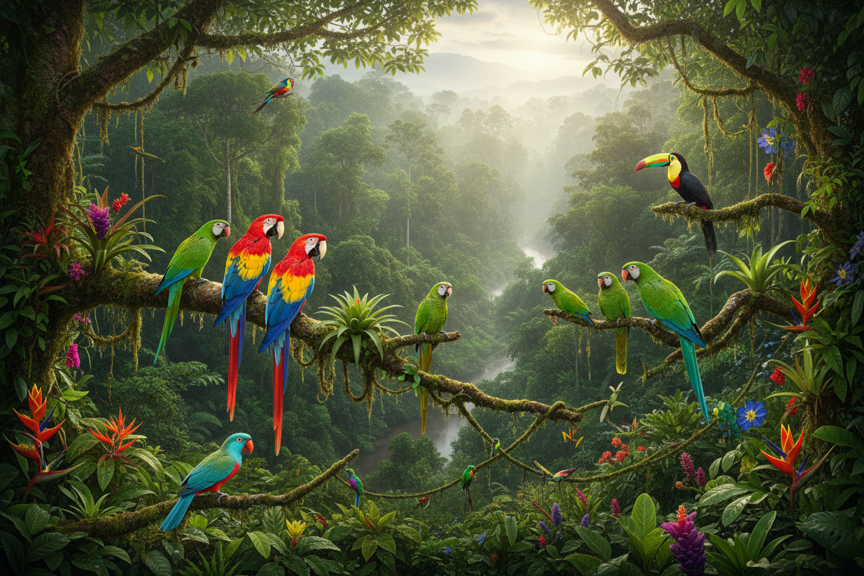 Amazon Rainforest with Parrots
