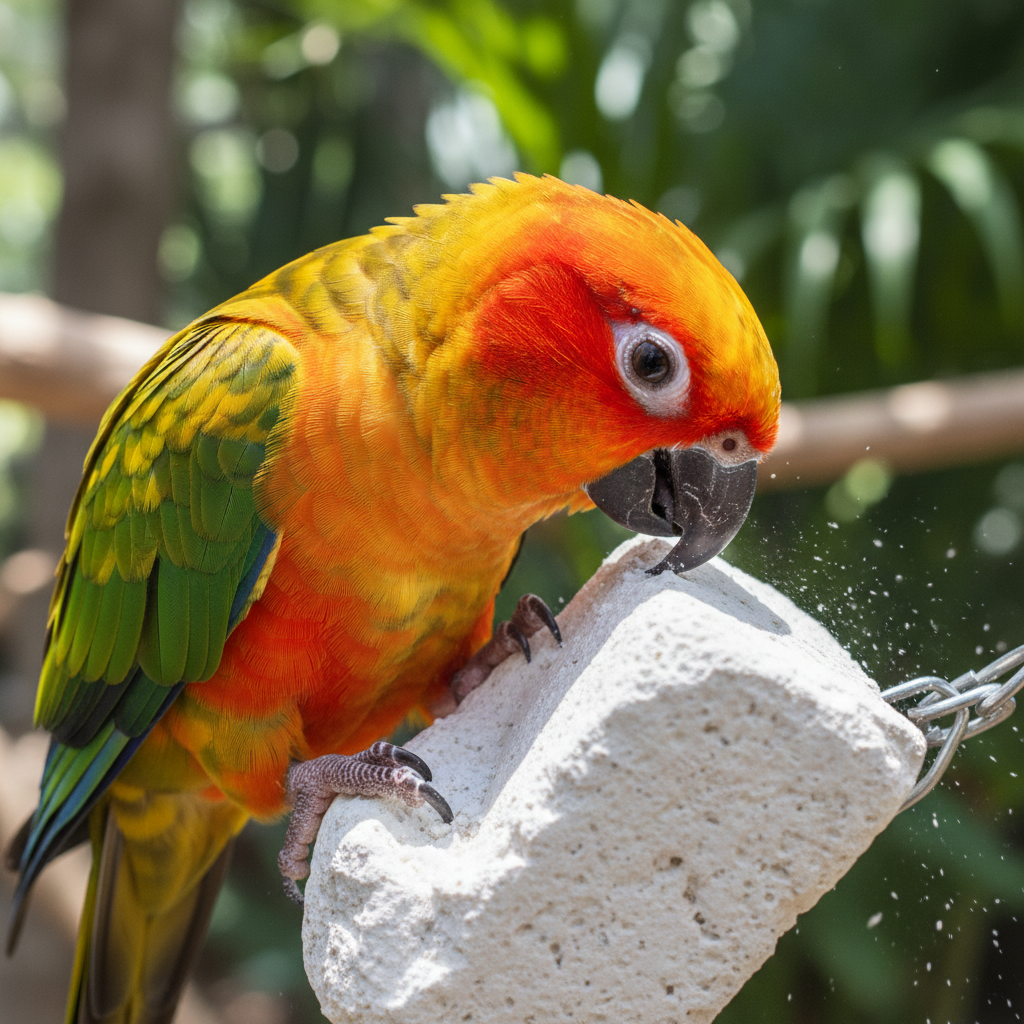Bird grinding its beak on calcium stone