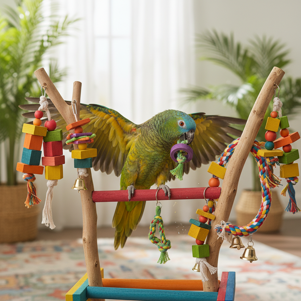 Blue-fronted Amazon Playing with Toys